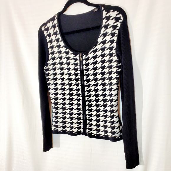 ❗️ Vintage Stretch Knit Houndstooth Zip Up Stretchy Sweater Large Black White - Picture 3 of 6